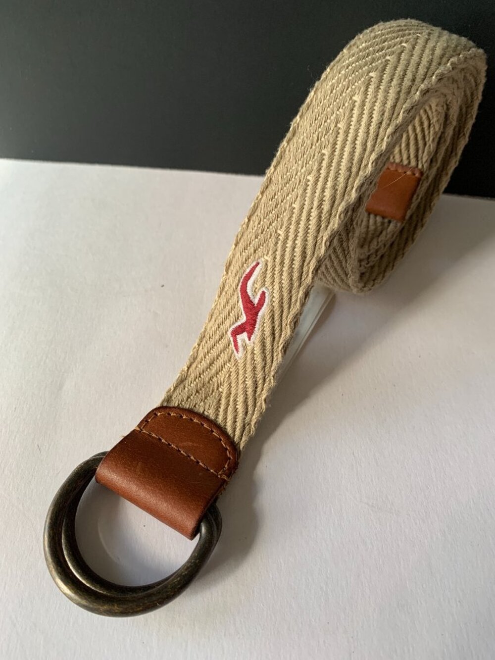HOLLISTER D-RING BEIGE WOVEN BELT SIZE L/XL MADE IN INDIA 100% POLYESTER BUFFALO